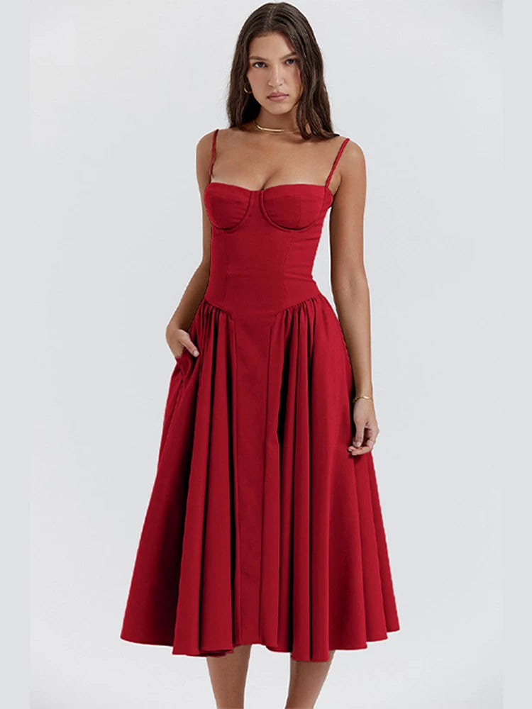 Elegant Pleated Hem Backless Midi Dress – Sleeveless Summer Party Fashion