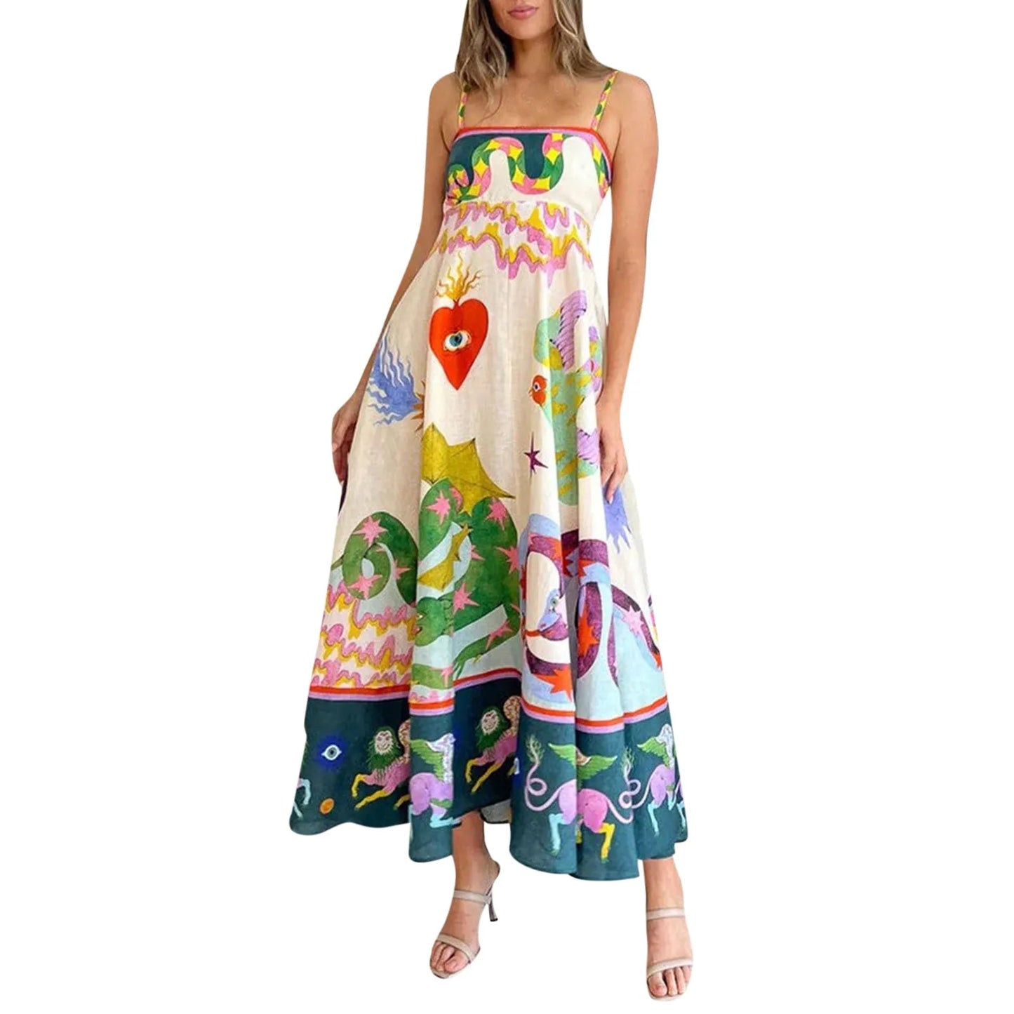 Sunny Days Colorful A-Line Sundress - Women's High Waist Backless Summer Dress