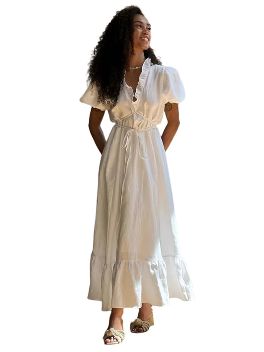 Summer Elegance: White Cotton Lace-Up Ankle-Length Dress