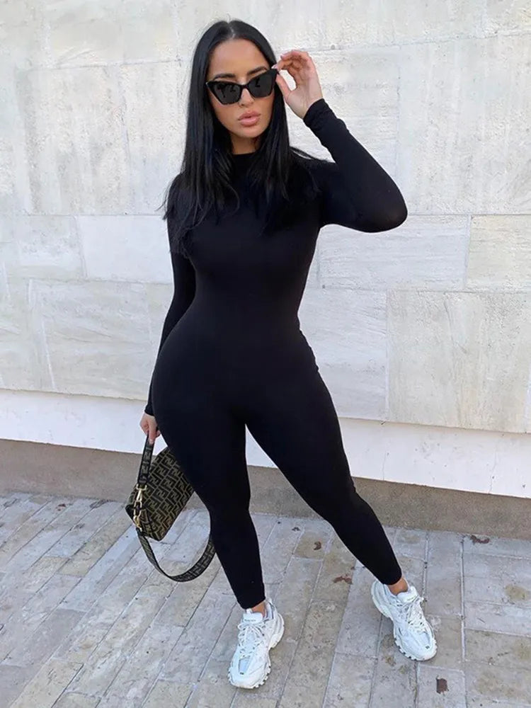 Elastic Black & Gray Long Sleeve Ski Jumpsuit for Women - Slim Fit Sporty Streetwear