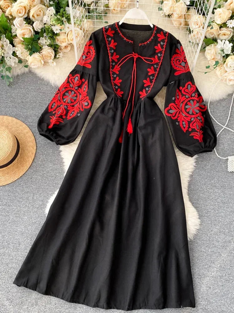 Boho Bloom High-Waist Lantern Sleeve Dress – Embroidered Autumn Elegance