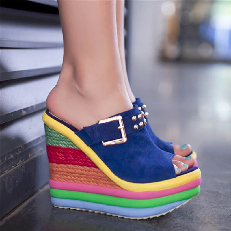 Bohemian Rainbow Peep-Toe Platform Wedges