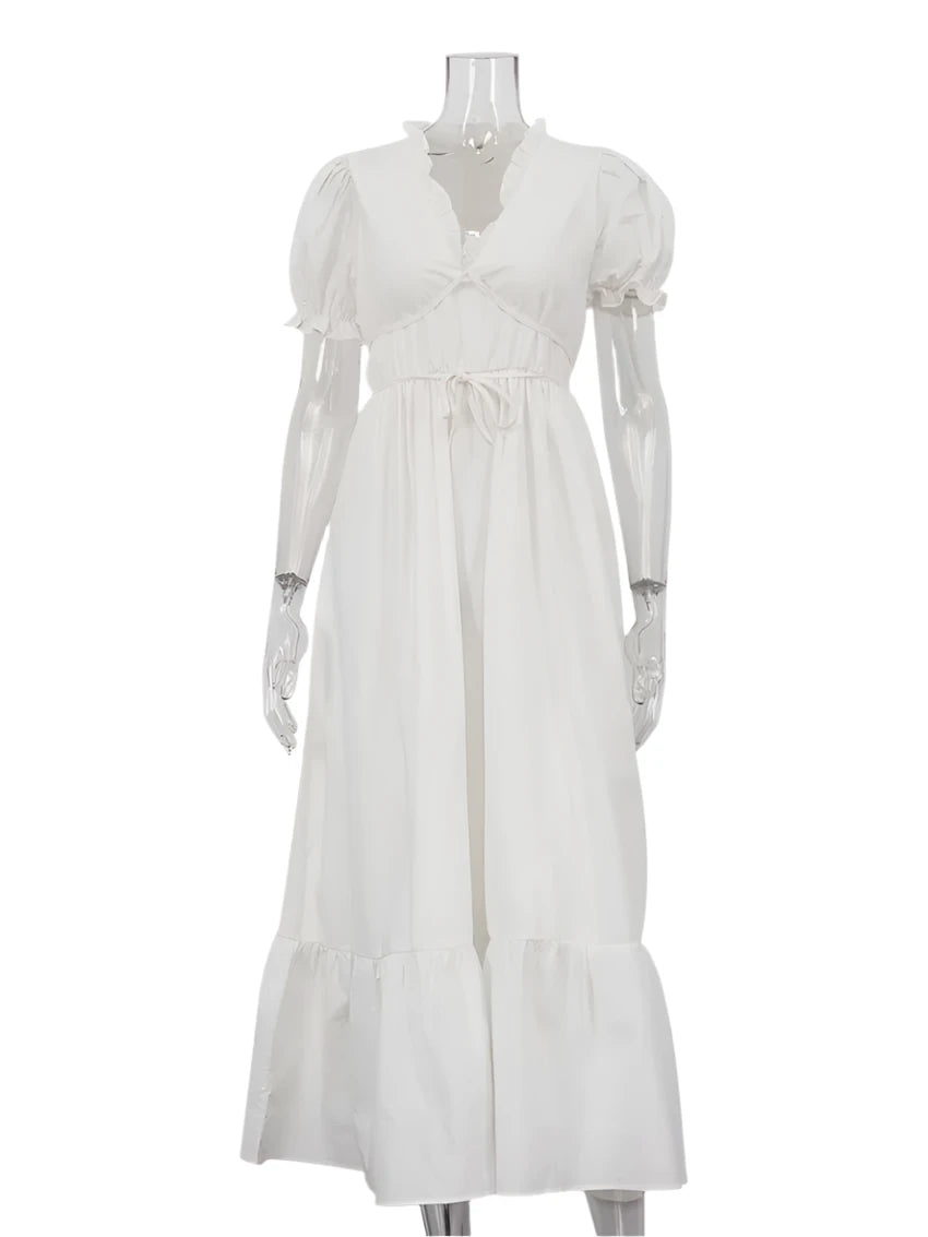 Summer Elegance: White Cotton Lace-Up Ankle-Length Dress