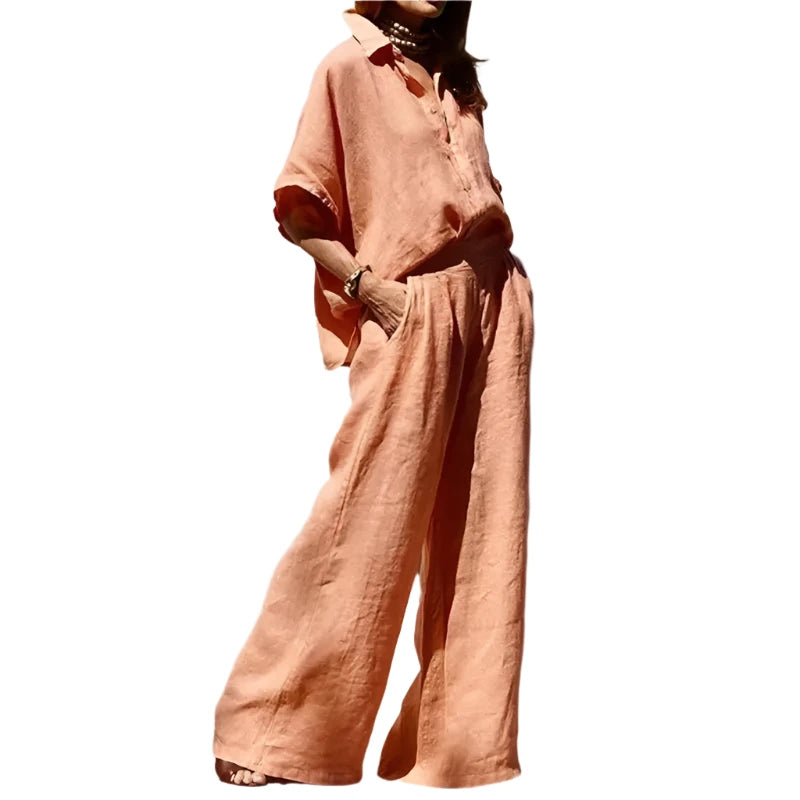 Chic Linen Blend Suit Set for Women: Elegant Short Sleeve Shirt & Wide Leg Pants