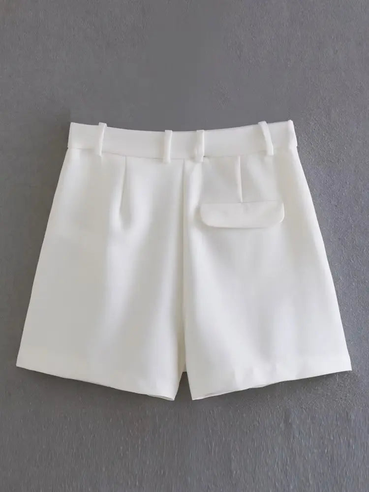 Willshela Vintage Chic High-Waist White Pleated Zipper Shorts