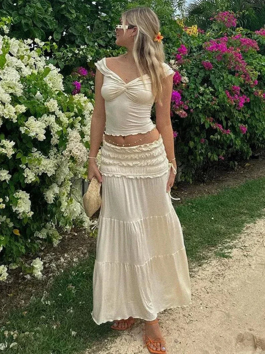 Chic Summer Elegance: Off-Shoulder Crop Top & High-Waist Maxi Skirt Set