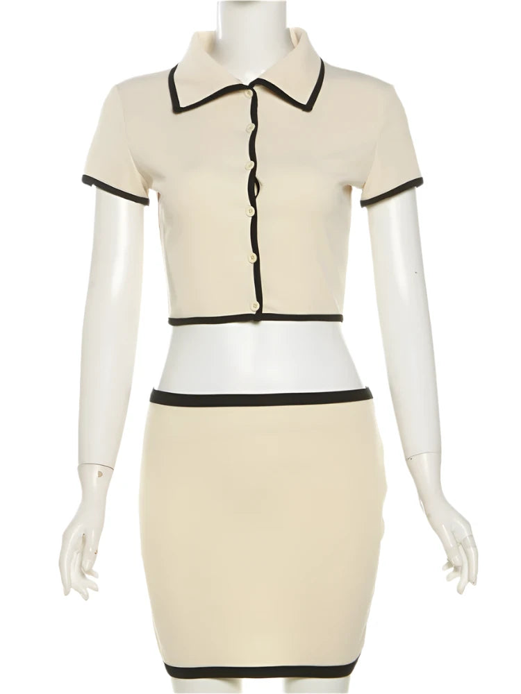 Ribbed Elegance: Women's Polo Neck Crop Top & Mini Skirt Set