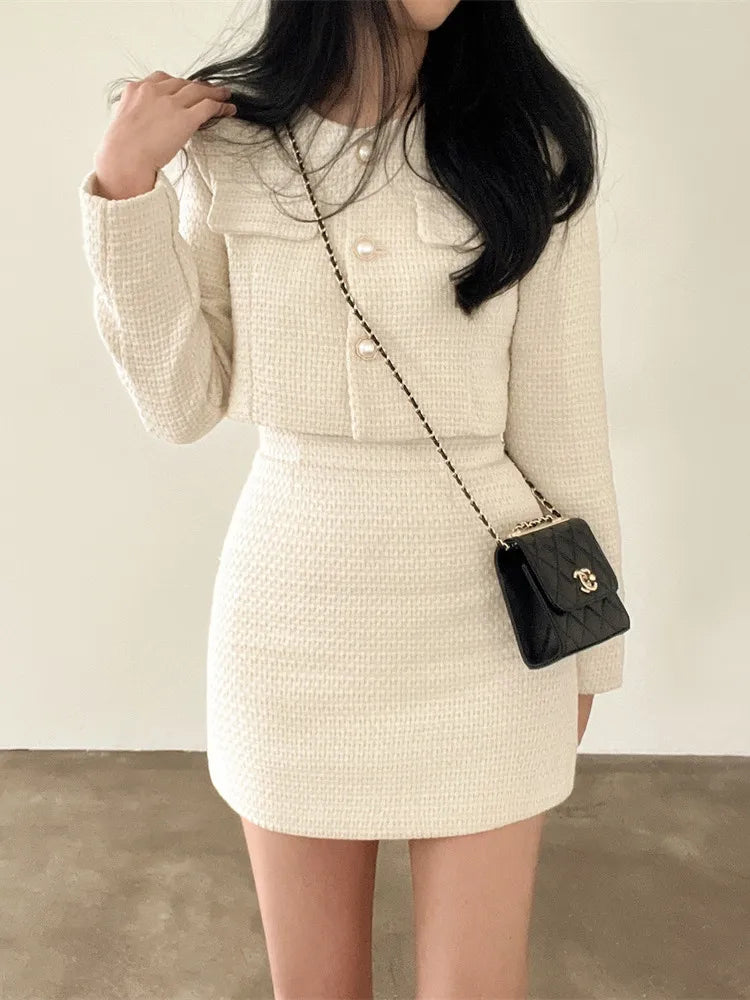 Vintage Tweed Two-Piece Set: Long Sleeve Jacket & A-Line Mini Skirt - Chic Korean Fall Fashion