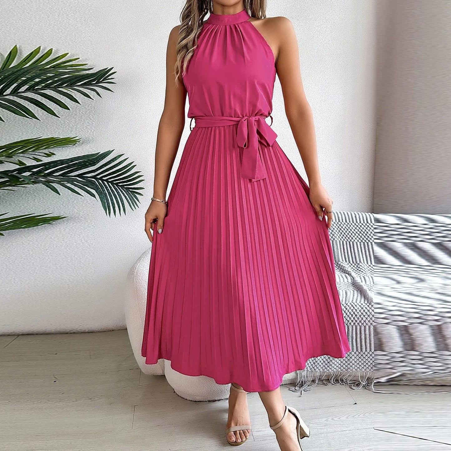 Chic Ruffled Sleeveless Chiffon Dress – Summer Pleat Detail