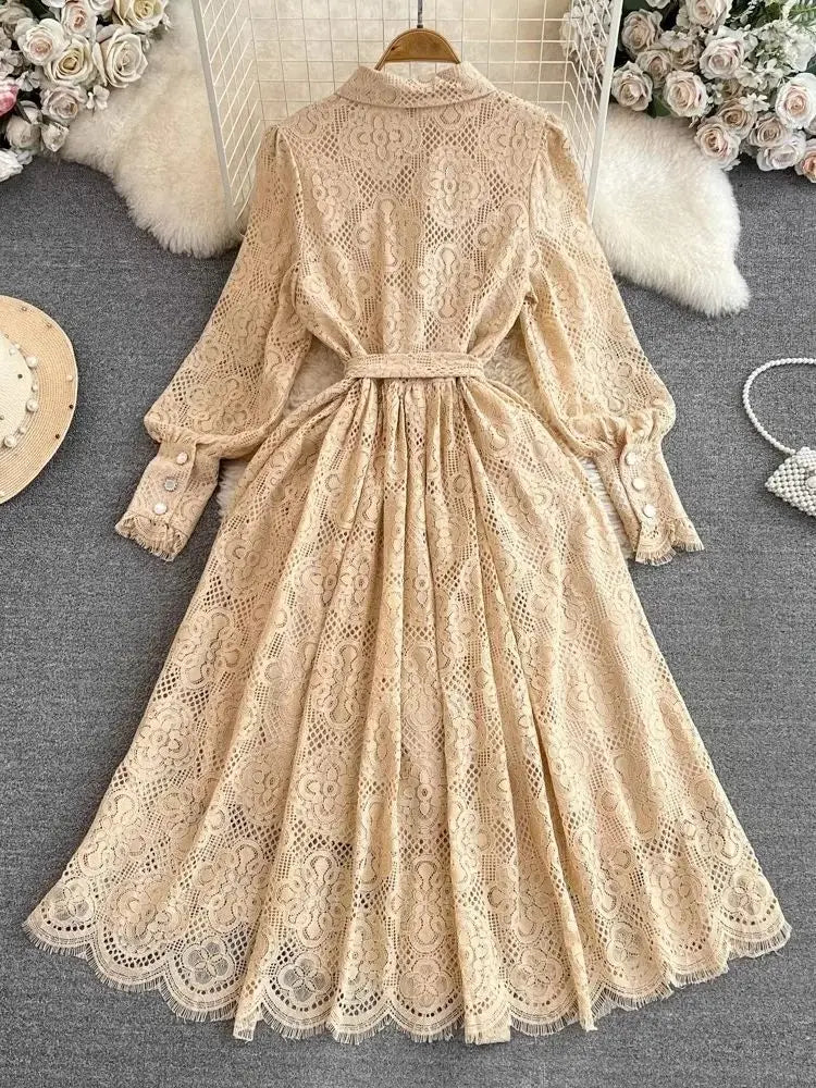 Elegant Khaki Lace Lantern Sleeve Dress