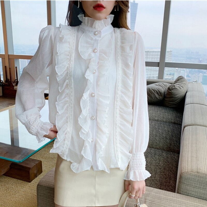 Korean Elegance Lace Ruffle Chiffon Blouse