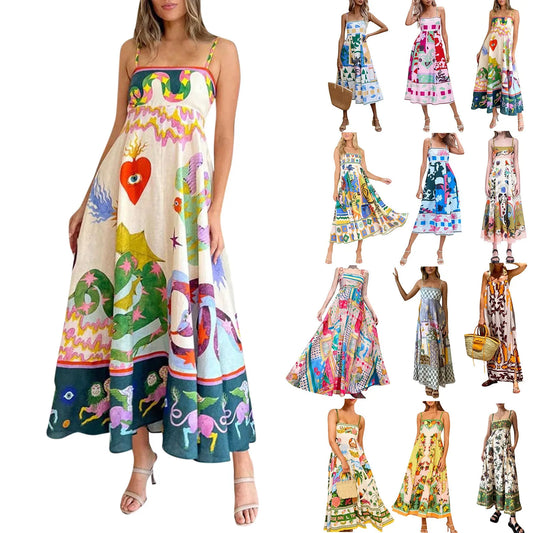 Sunny Days Colorful A-Line Sundress - Women's High Waist Backless Summer Dress