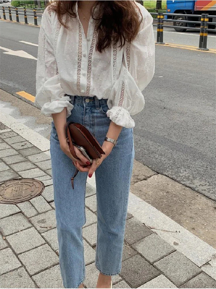 Vintage Cotton Oversized Long Sleeve Blouse – Casual Spring/Summer White Shirt