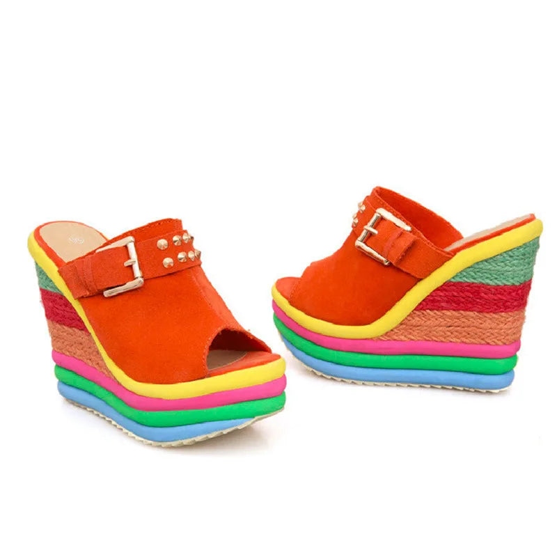 Bohemian Rainbow Peep-Toe Platform Wedges