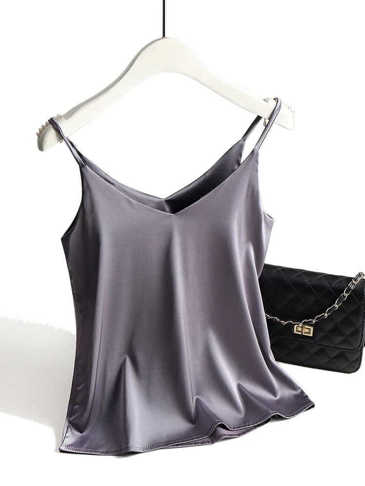 Elegant Satin Spaghetti Strap Halter V-Neck Camisole - Women's Summer Sleeveless Silk Tank Top