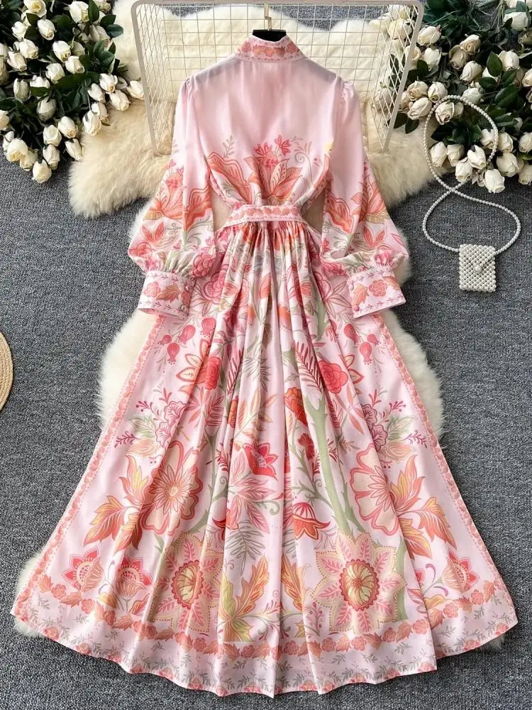 Boho Bliss: Pink Floral Lantern Sleeve Maxi Dress