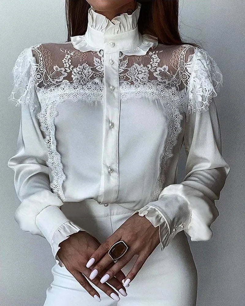 Elegant Lace-Trimmed White Lantern Sleeve Blouse