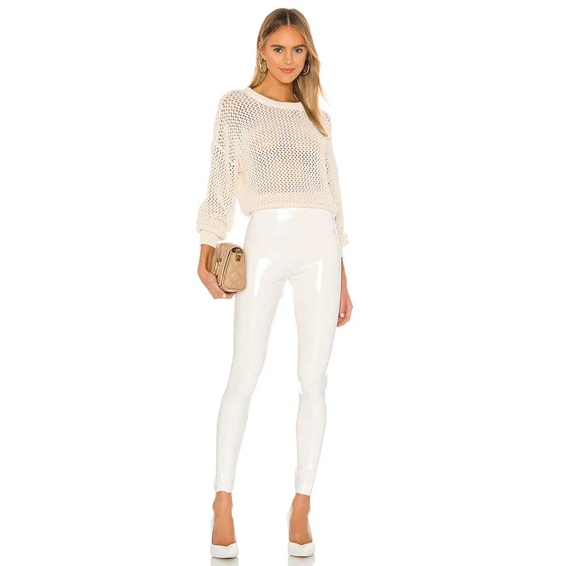 Glossy High-Waist Bodycon Pants – Shiny White PVC Stretch Leggings