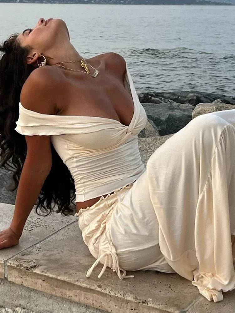 Chic Summer Elegance: Off-Shoulder Crop Top & High-Waist Maxi Skirt Set