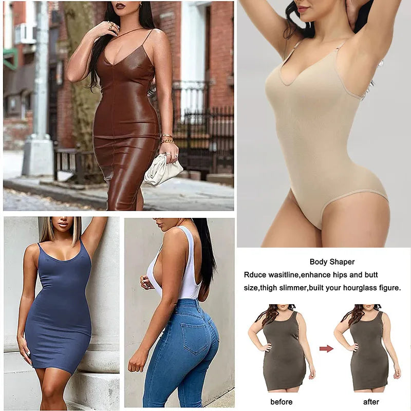 V-Neck Spaghetti Strap Slimming Bodysuit - Open Crotch Compression Shapewear