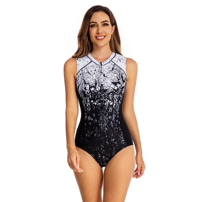 Elegant Noir Sleeveless One-Piece Swimwear