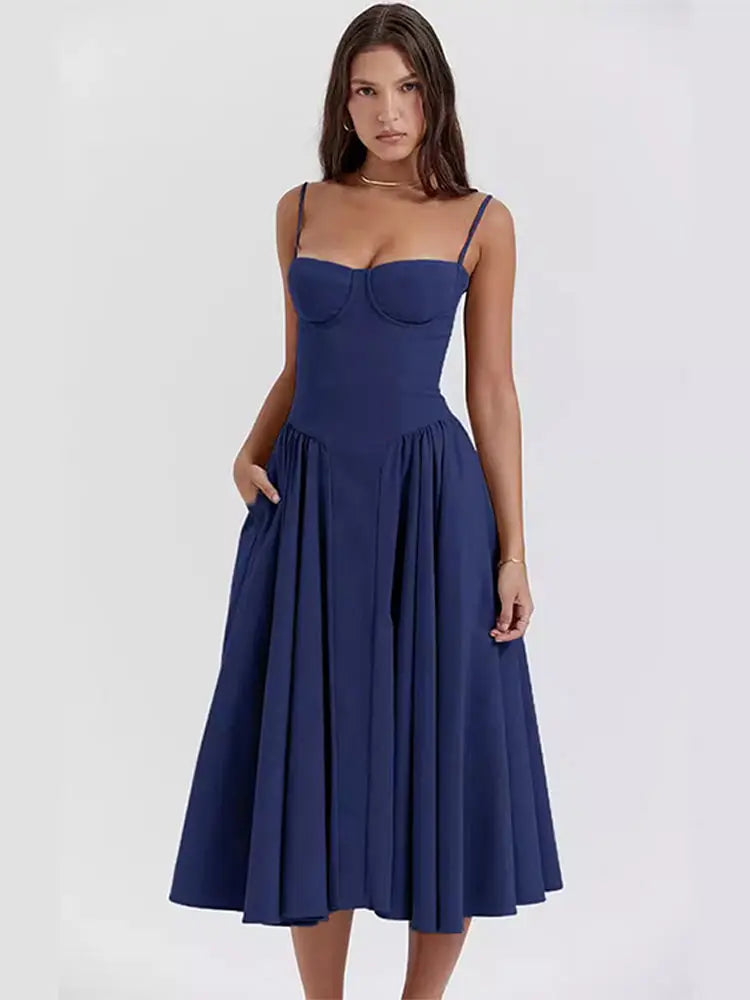 Elegant Pleated Hem Backless Midi Dress – Sleeveless Summer Party Fashion