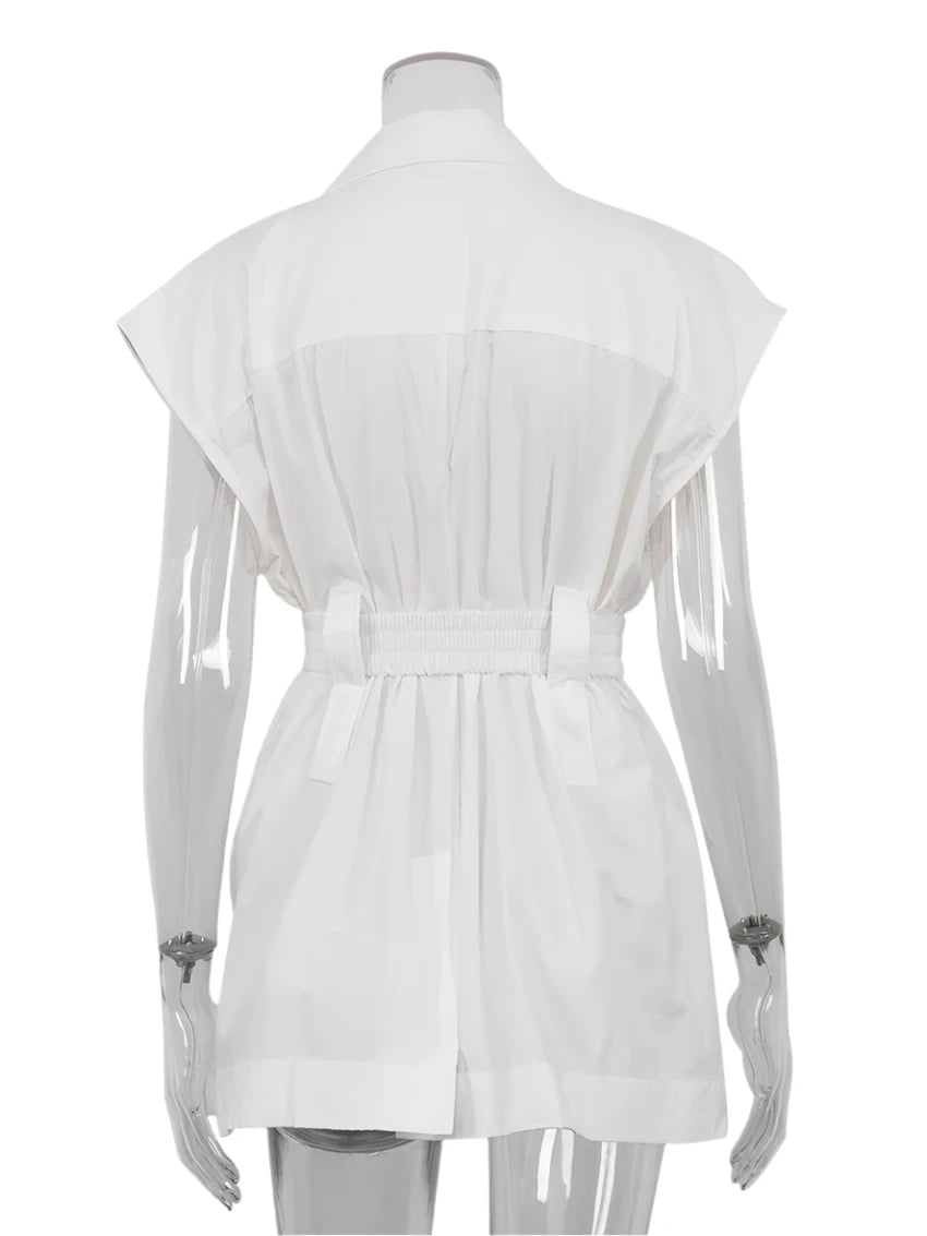 Elegant White Sleeveless Cotton Shirt – Classic Women's Lapel Top