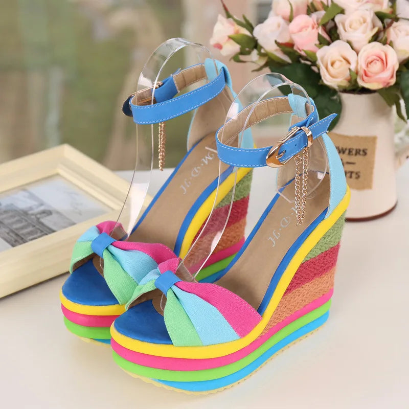 Summer Chic Rainbow Wedge Sandals with Bow and Ankle Strap