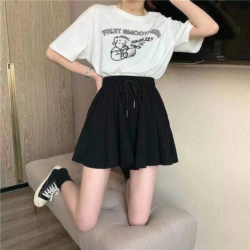 Chic Summer A-Line High Waist Shorts Skirt - Korean Style Black Loose Fit Mini Skirt