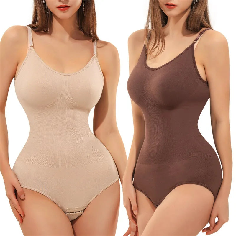 V-Neck Spaghetti Strap Slimming Bodysuit - Open Crotch Compression Shapewear