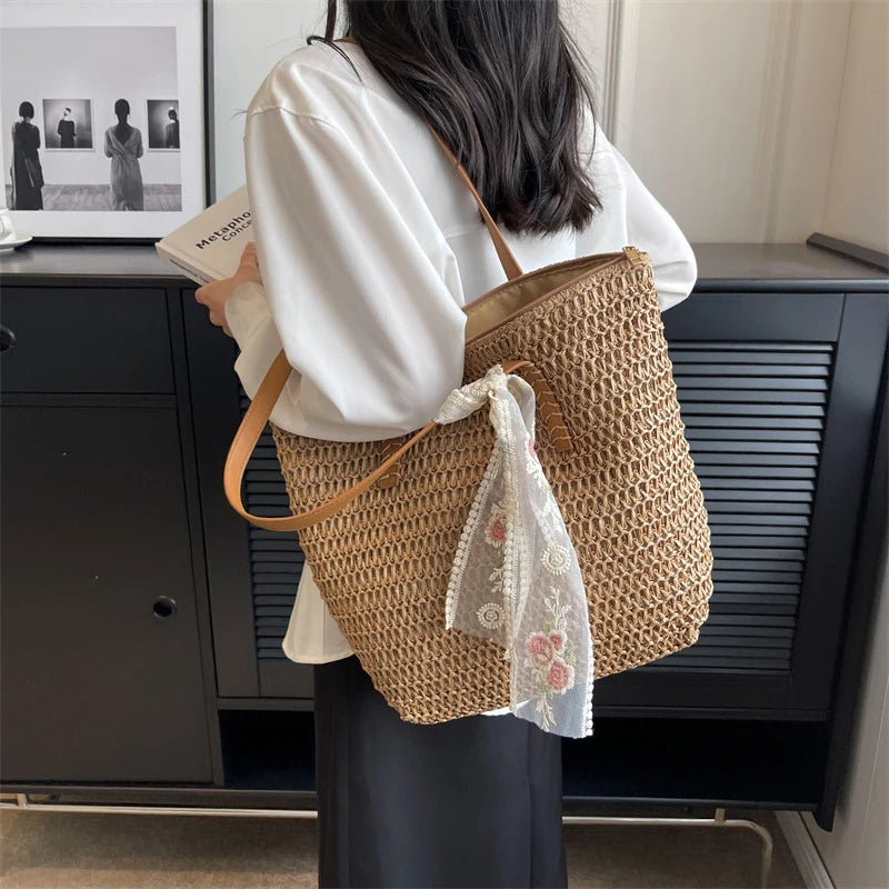 Eco-Chic Summer Woven Tote: Handcrafted Large Capacity Shoulder Bag for Women