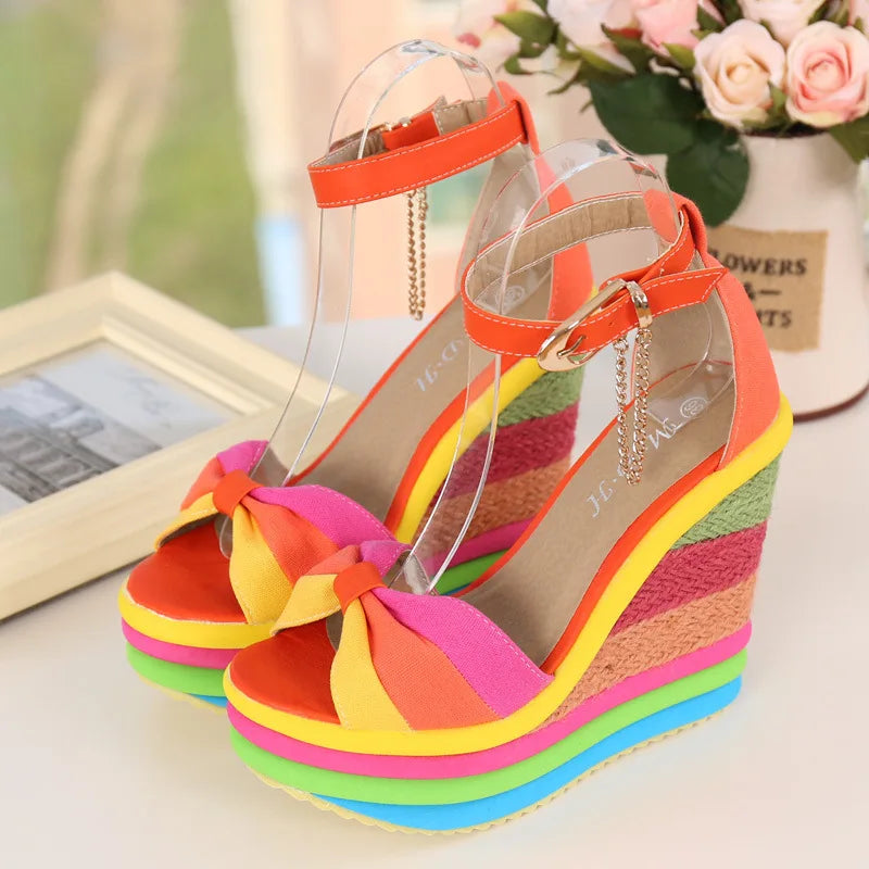 Summer Chic Rainbow Wedge Sandals with Bow and Ankle Strap