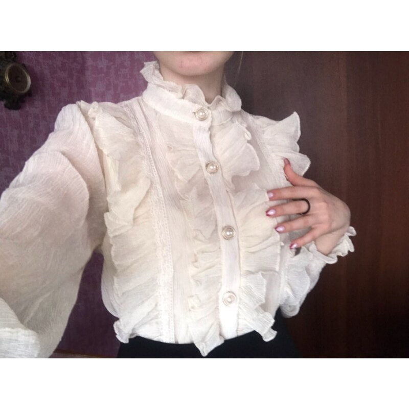 Korean Elegance Lace Ruffle Chiffon Blouse