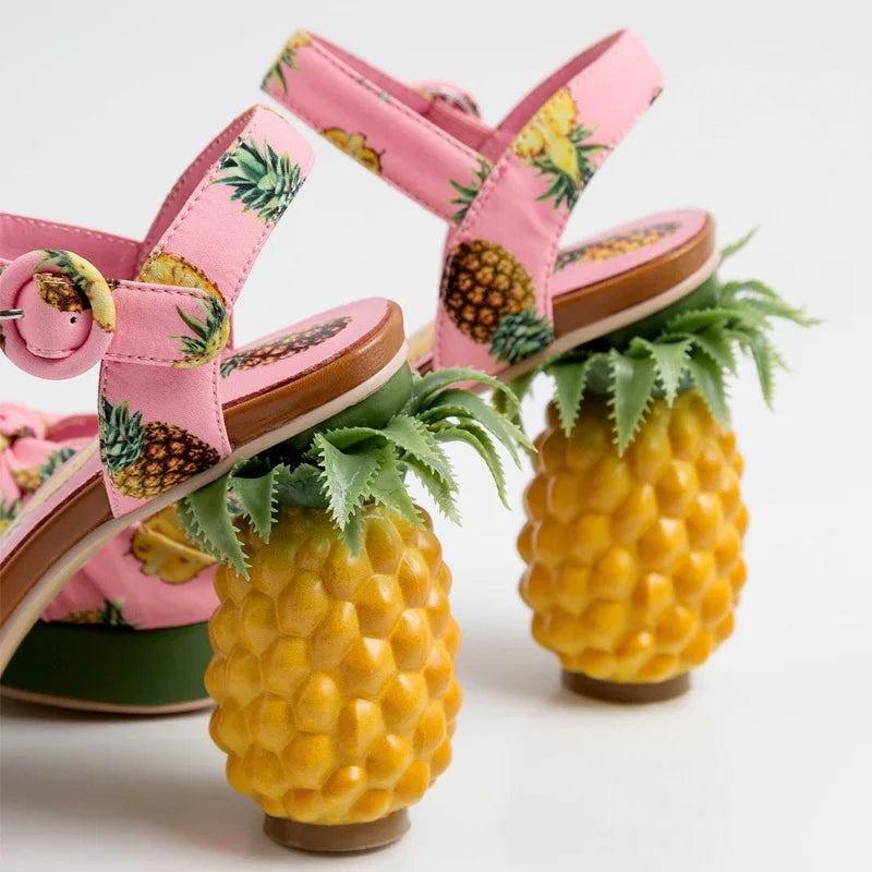 Pink Pineapple Print Strappy High-Heel Sandals - Sweet Summer Platform Shoes