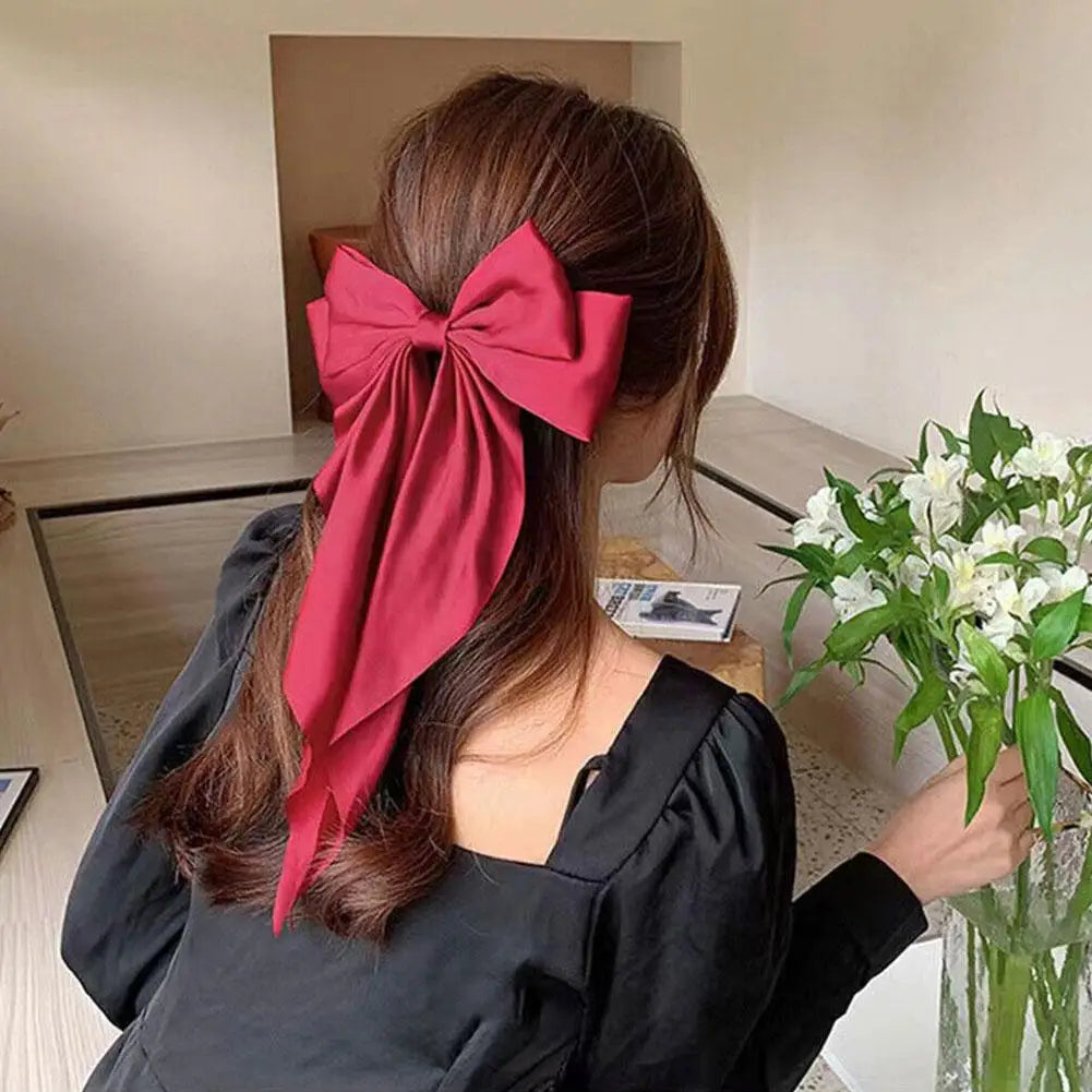 Elegant Chiffon Bow Hairpin - Solid Color Ponytail Clip with Large Satin Bow