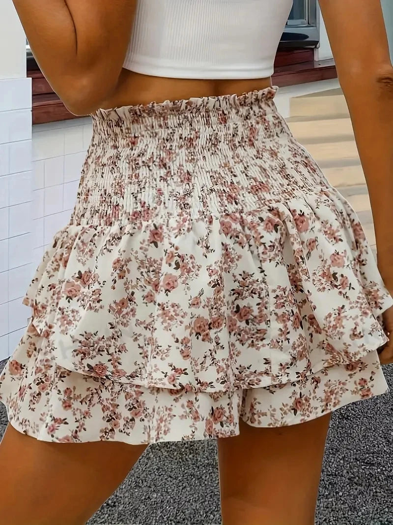 Floral Charm Layered Hem High-Waist Shorts – Casual Elegance for Spring & Summer