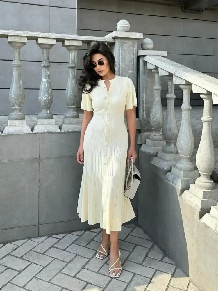 Elegant Hollow Knit Midi Dress