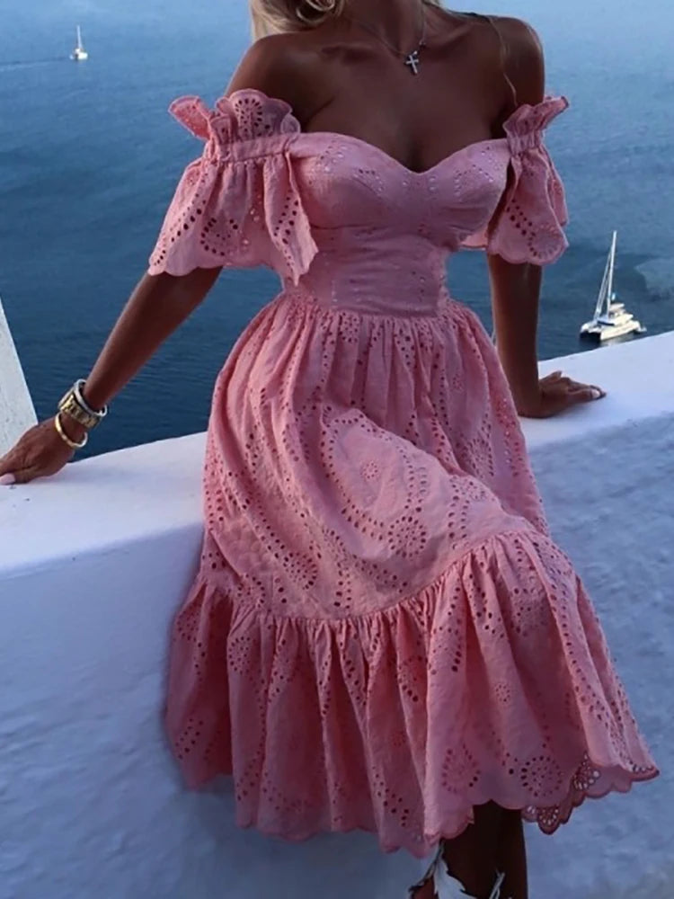 Boho Chic Off-Shoulder Lace Maxi Dress – Ruffle Cutout Beach Party Wear