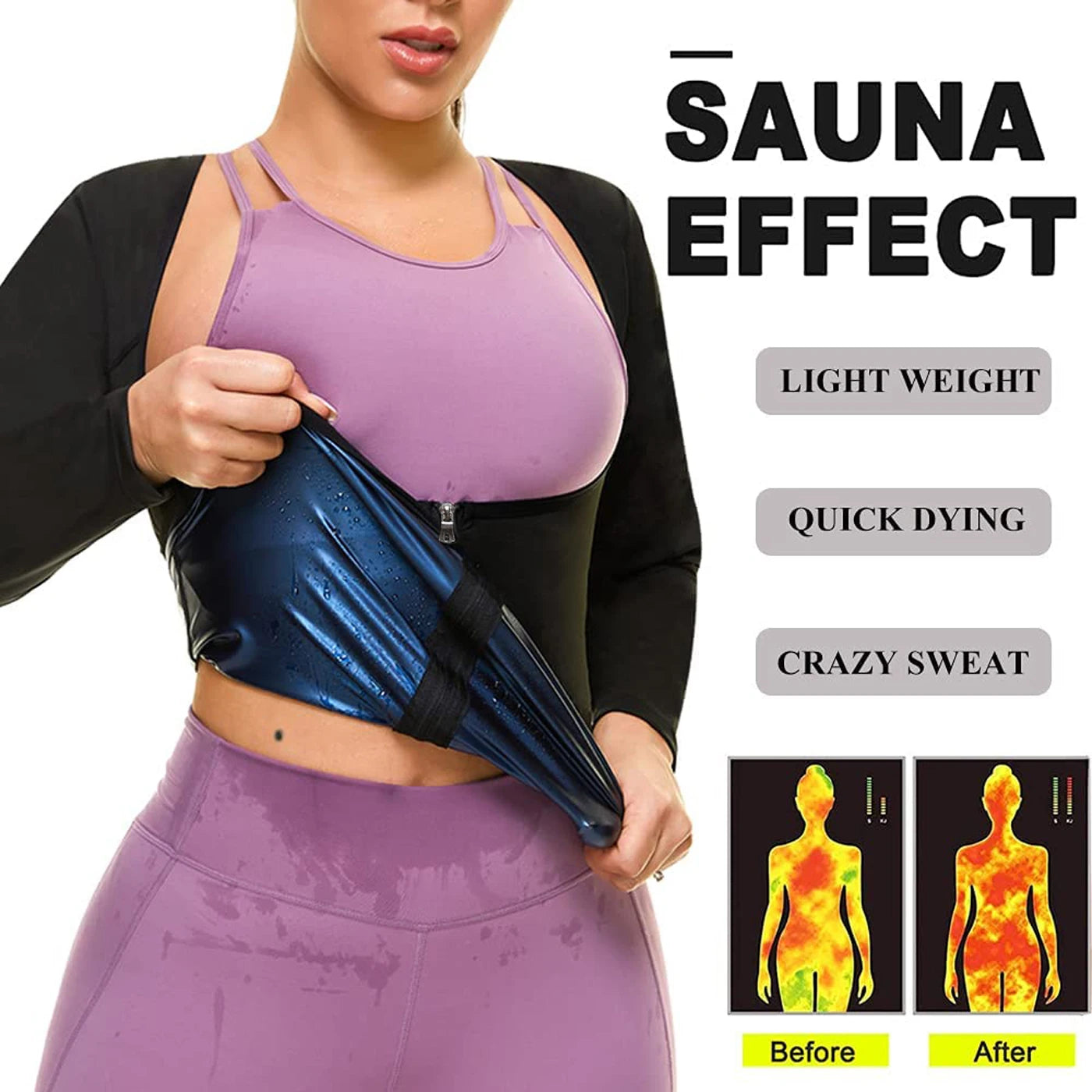 HeatFit Long Sleeve Sauna Suit for Women – Sweat Body Shaper & Waist Trainer Workout Top