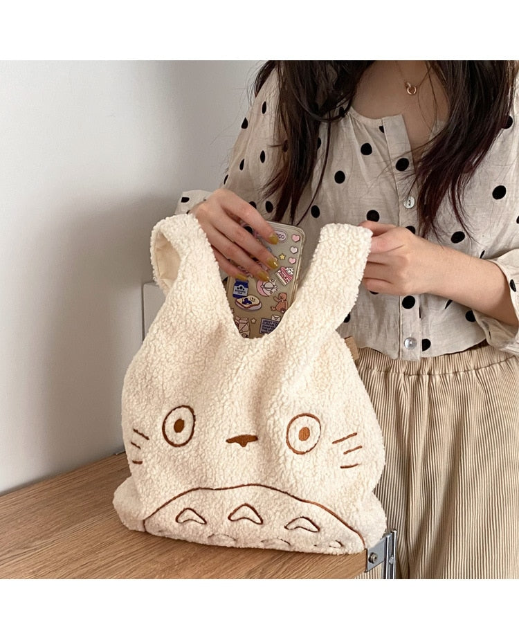 Whimsical Totoro Embroidered Plush Tote