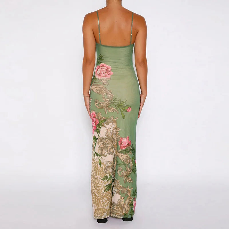 Elegant Sleeveless V-Neck Maxi Dress with Print – Summer Beach & Club Fashion