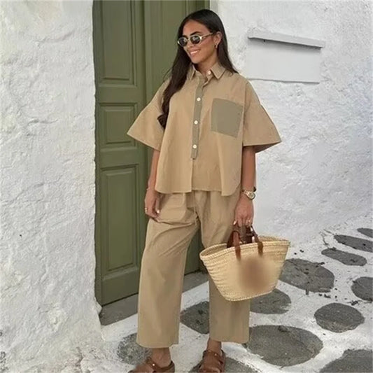 Colorful High-Waist Wide-Leg Pants & Short-Sleeve Top Set - Summer Casual Fashion