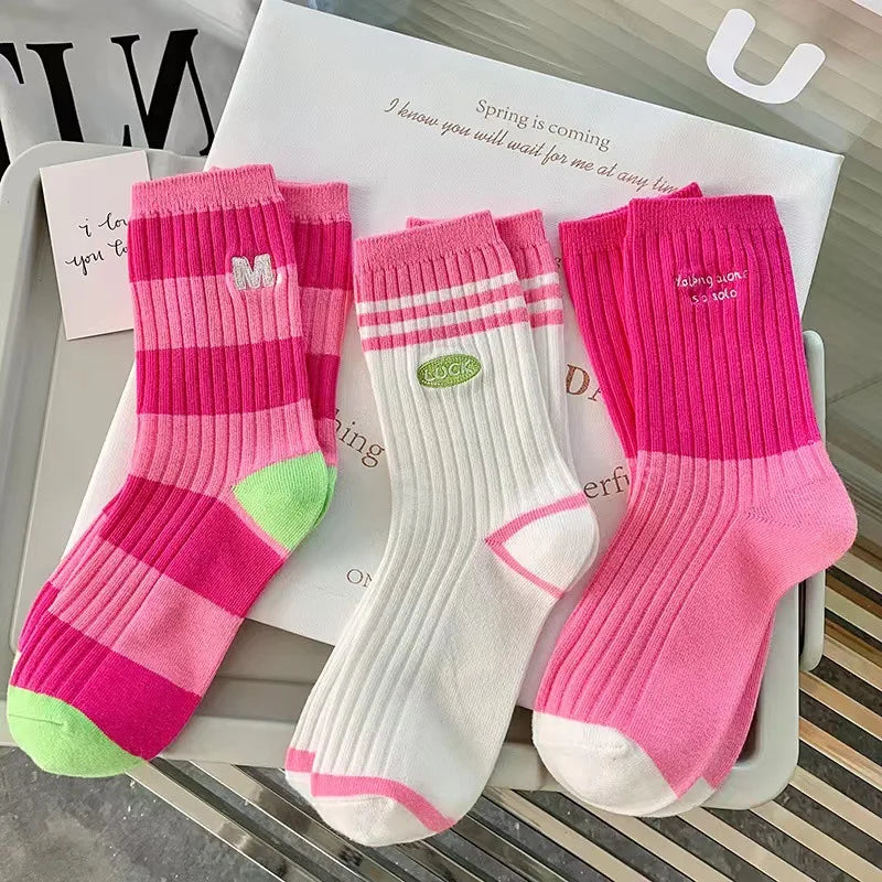 Korean-Inspired Breathable Striped Cotton Socks for Women