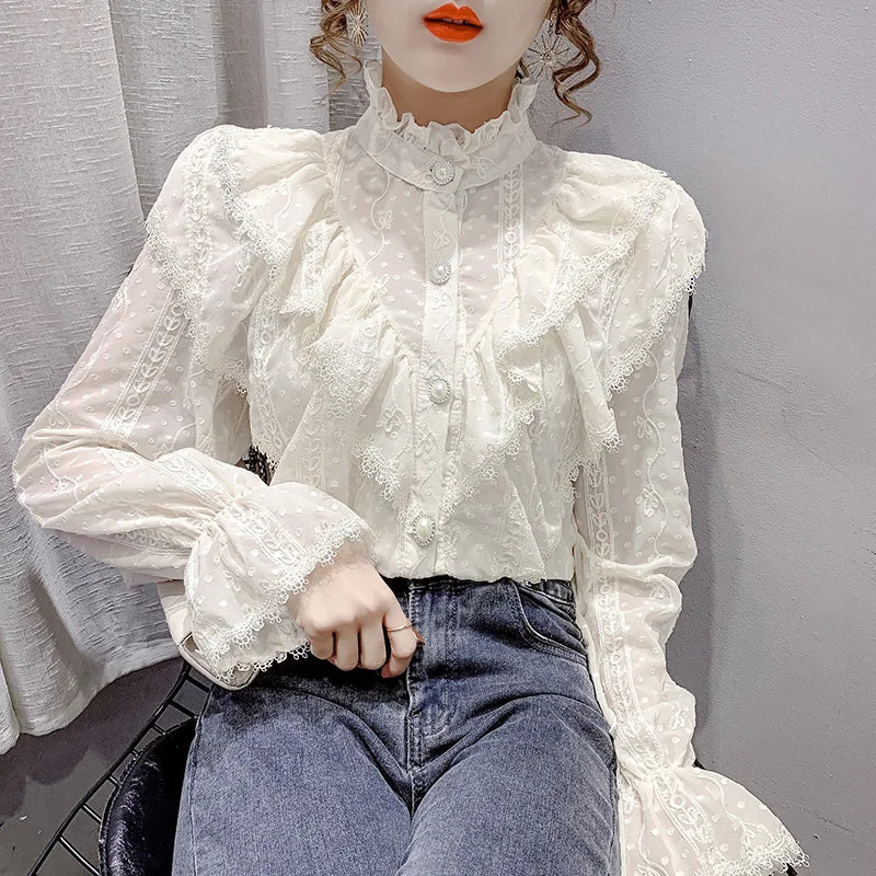 Elegant Korean Ruffle Lace Chiffon Blouse - Stand Collar Pleated Long Sleeve Top