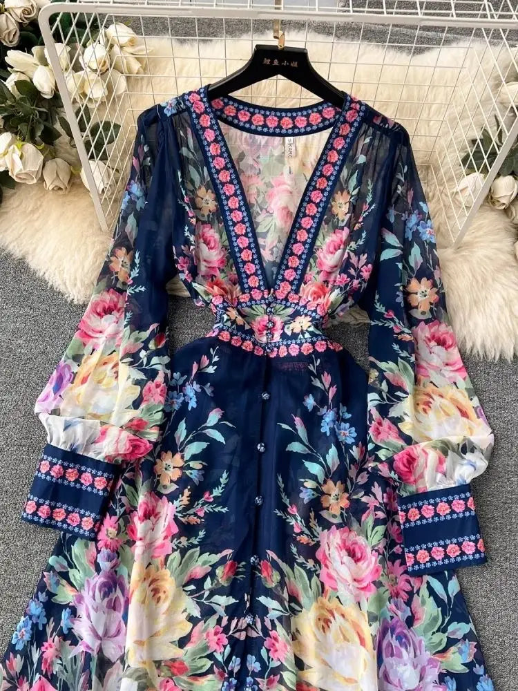 Elegant Floral Chiffon Ruffle Dress – Deep V Neck Boho Long Sleeve Gown