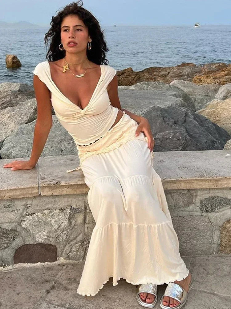 Chic Summer Elegance: Off-Shoulder Crop Top & High-Waist Maxi Skirt Set