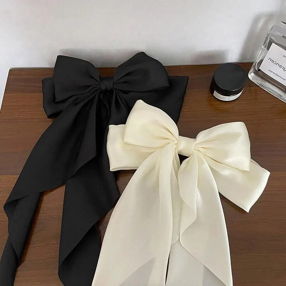 Elegant Chiffon Bow Hairpin - Solid Color Ponytail Clip with Large Satin Bow