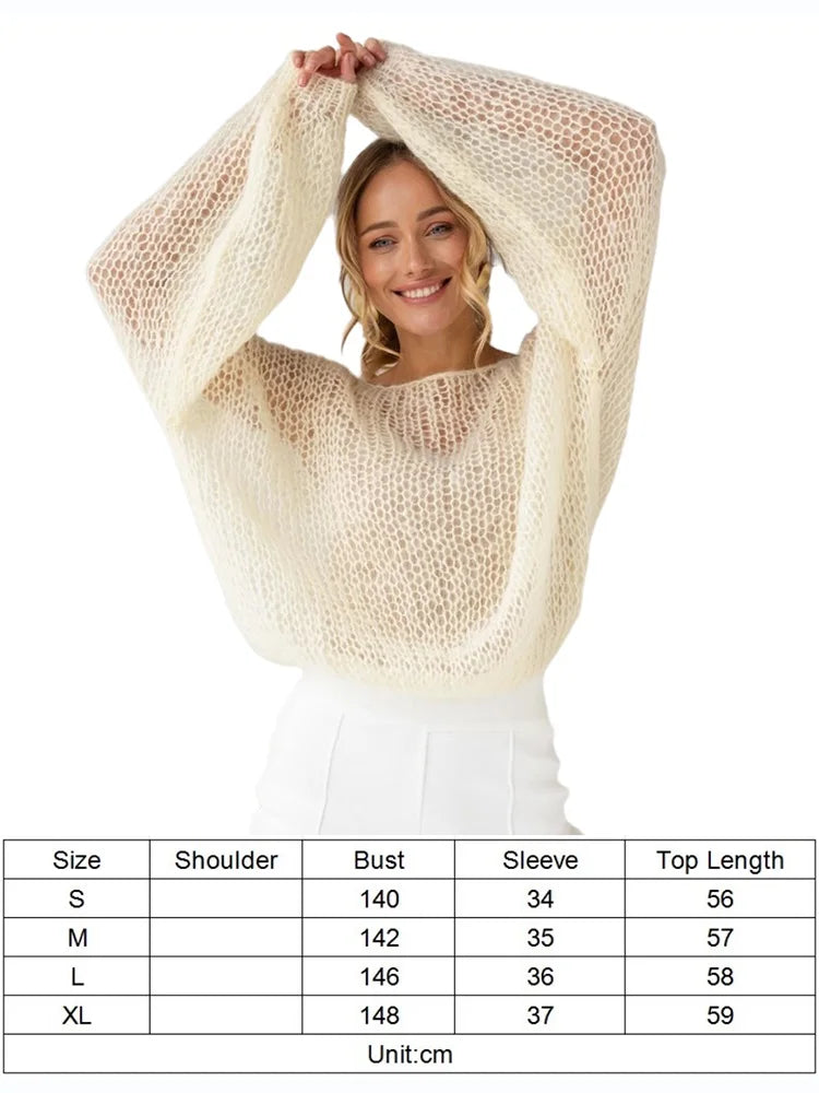 Spring Breeze Mesh Knit Lantern Sleeve Pullover