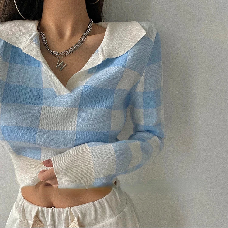 Retro Plaid Cropped Knit Top