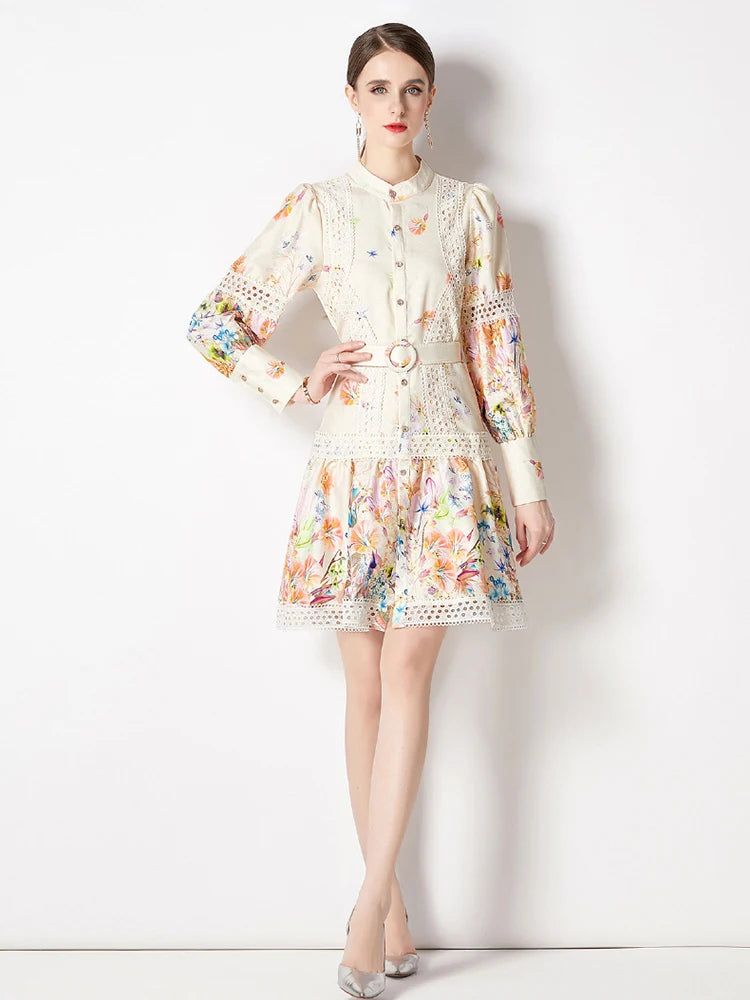 Boho Floral Lantern Sleeve Mini Dress with Lace & Sash